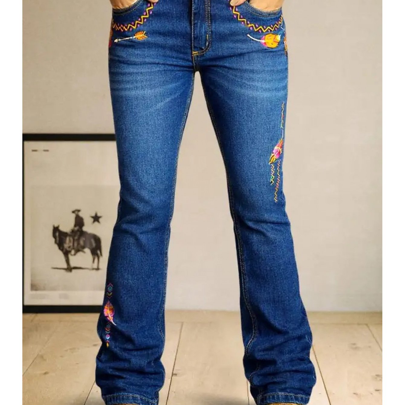 Image of [surprise ]women's Retro Elegant Jeans, Regular Long Pants, Pocket Embroidery- Button Design At Cuffs, Washed Denim, Medium Stretch, Fashionable Casual Versatile, Suitable For