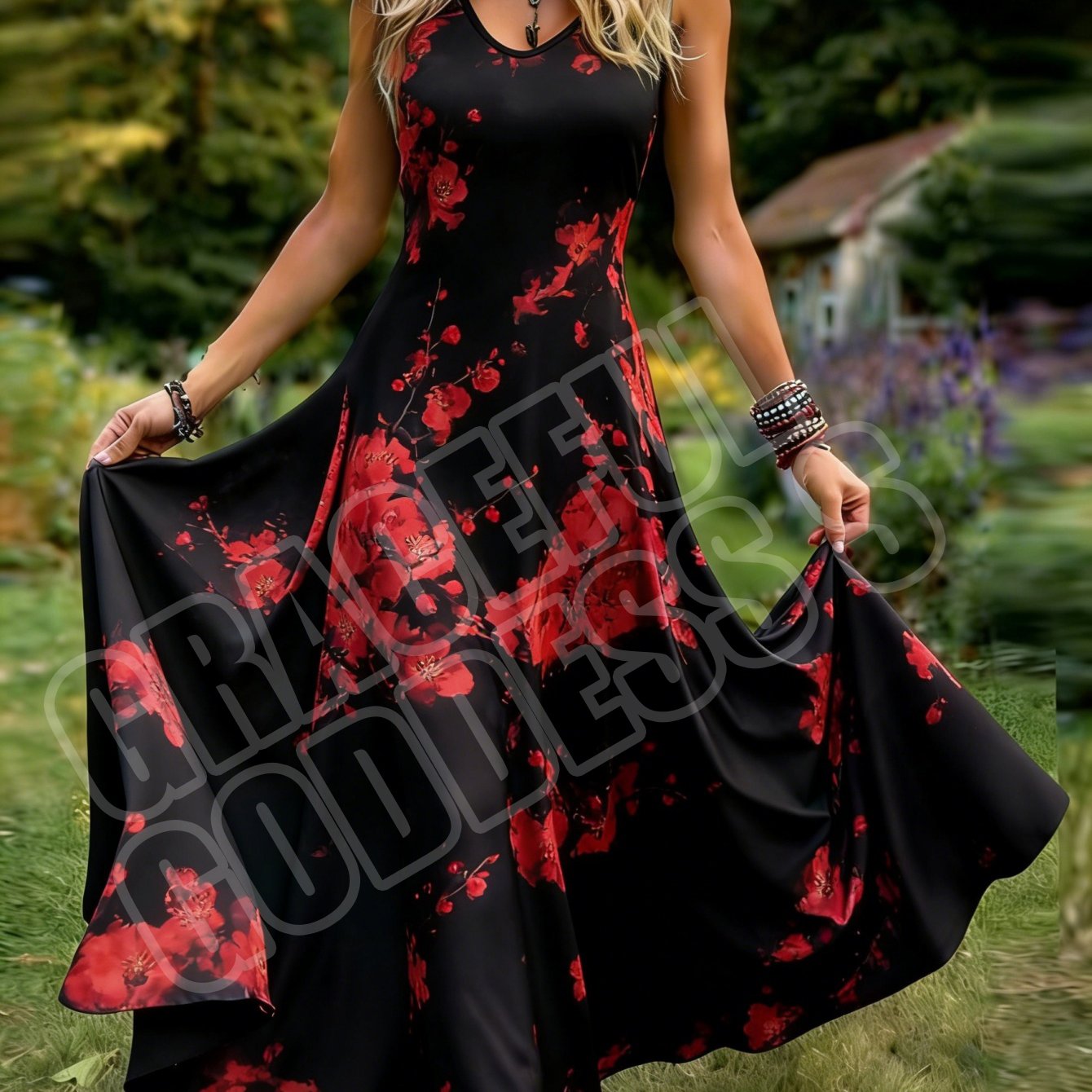 Image of Women's Retro-style A-line Maxi Dress, Sleeveless V-neck Pastoral Floral Print Skirt, Machine Washable, Great For Spicy Style Vacations