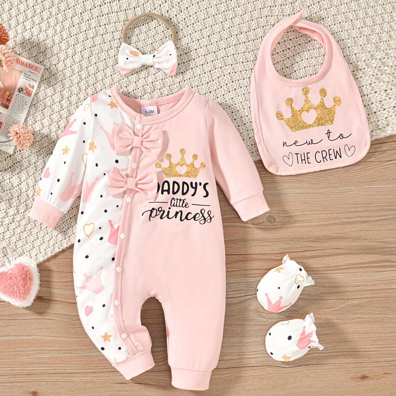 Image of Baby Christmas Letter Crown Print Long-sleeved Stitching Connecting Body Clothes With Mouth Towel Gloves 4 Pieces, For Outdoor