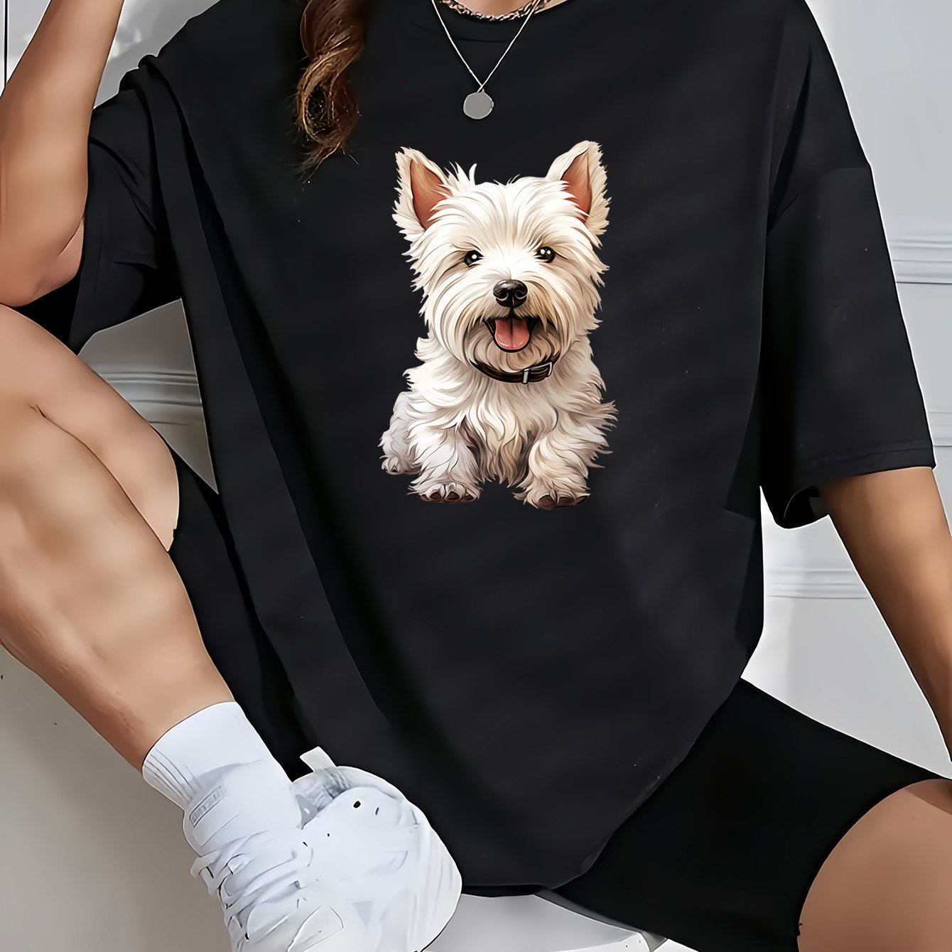 TEMU Plus Size, Women's Dog T-shirt - West Highland Print Short Sleeve Crew Neck Top | Plus Size 0-8xl Stretchy Blouse Suitable For Spring Summer