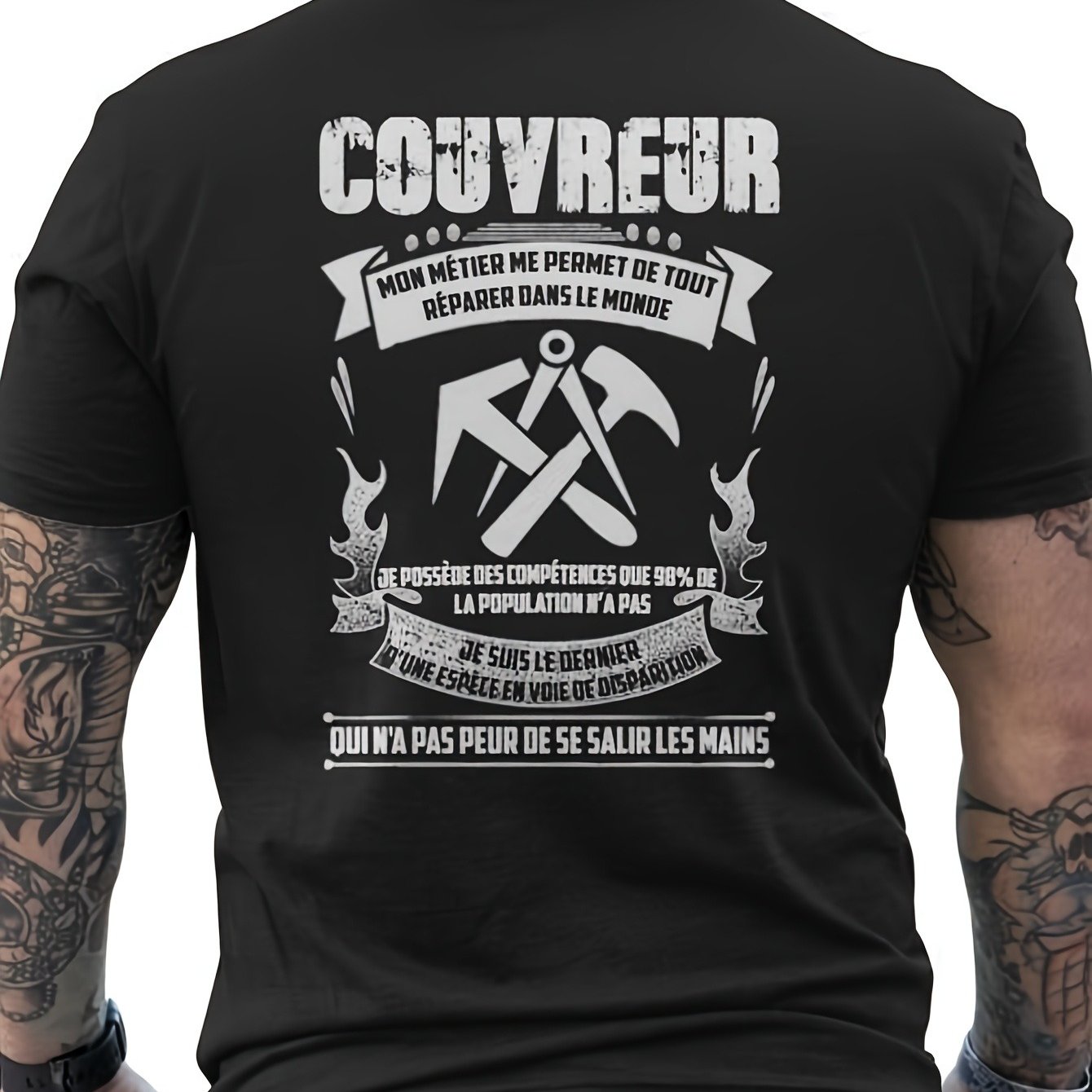 TEMU T-shirt Ouvrier du Bâtiment - T-shirt de Couvreur avec Imprimé au Dos et en Français - Noir avec Imprimé Blanc - T-shirt Coupe Régulière à Col