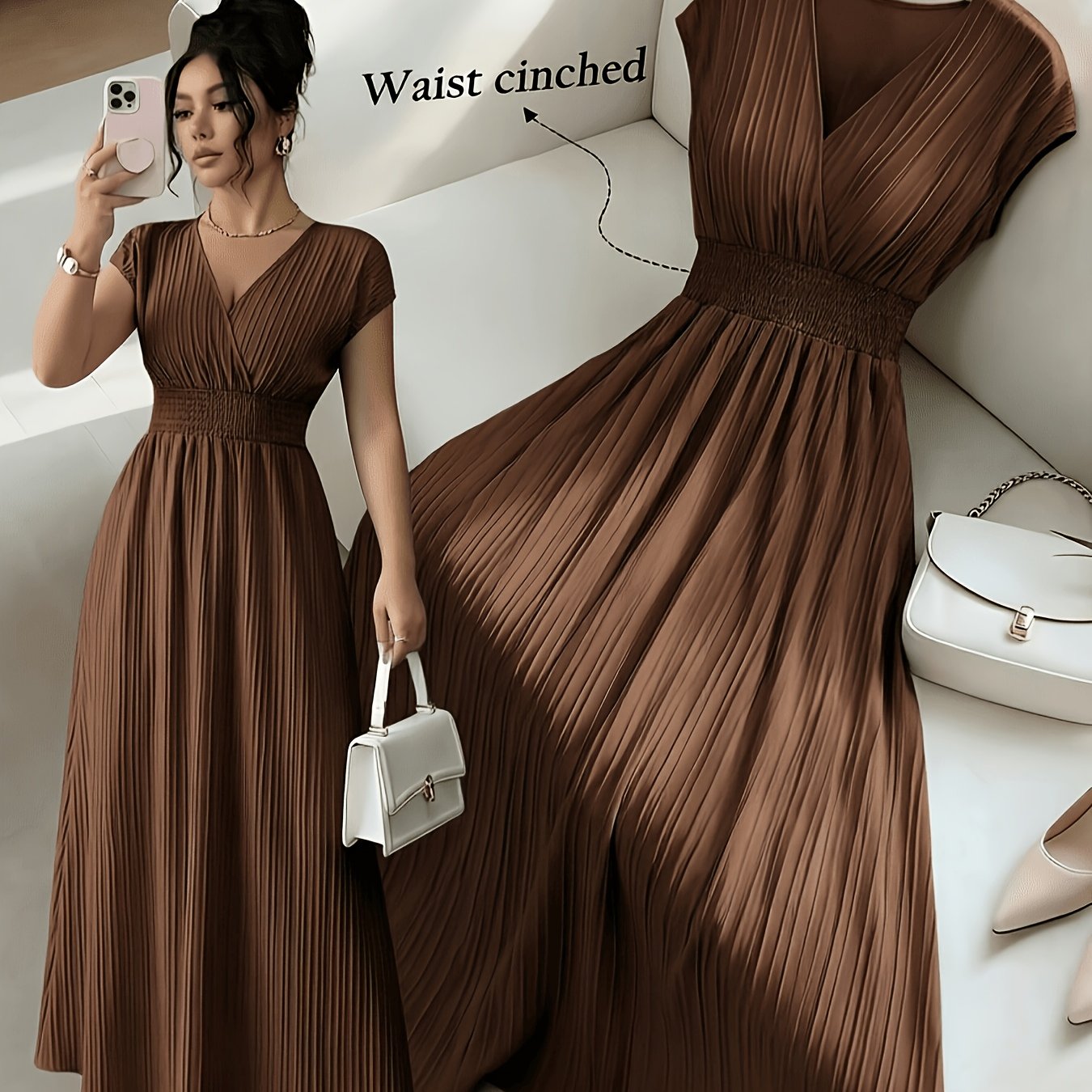TEMU Women's V-neck Sleeveless Midi Dress, Textured Fabric, Waist-cinching Design, Elegant , Spring/summer Collection [gavin]