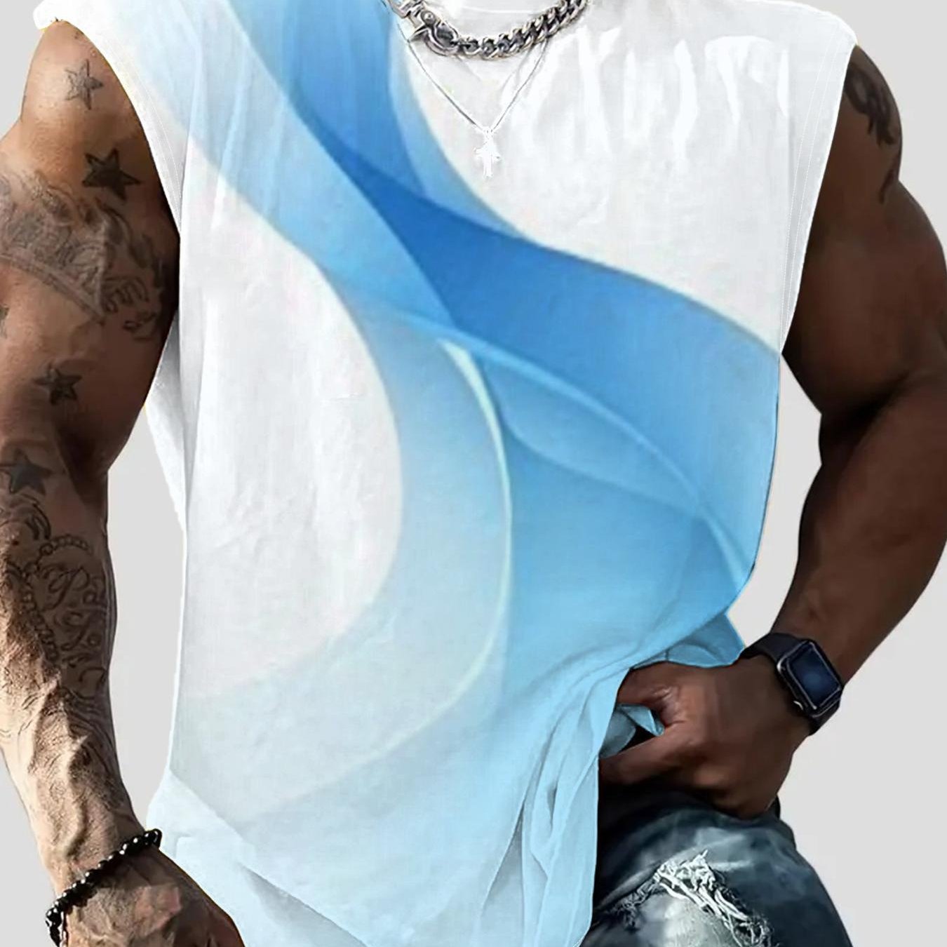 TEMU [print Design-not Textured] Men' Gradient Blue Smooth Sleeveless Vest Round Neck Breathable Fitness Casual Waistcoat, Plus Size