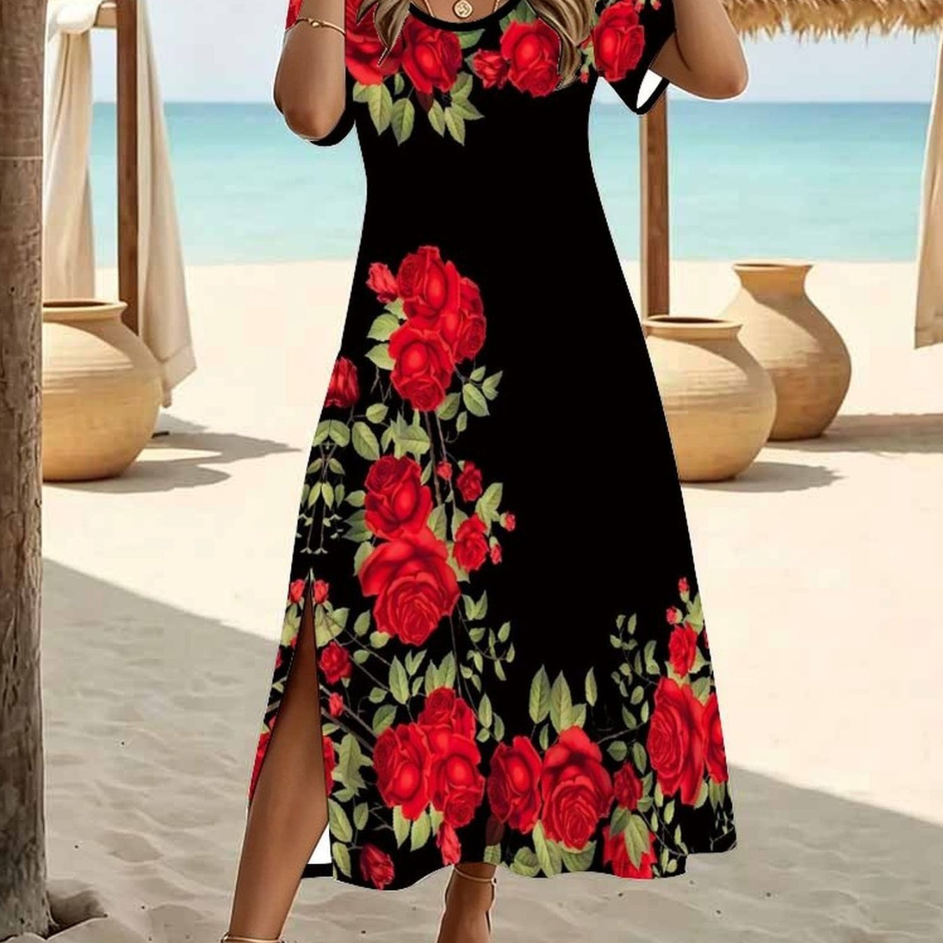 Plus Size, Plus Size Women's Summer Fashion Dress, Casual With Tiny Botanical Floral Print, Crew Neck Short Sleeve Split Hem Elegant Dress.