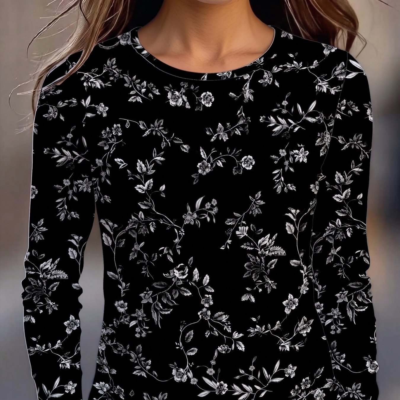 TEMU Women's Round Neck Long Sleeve T-shirt, Floral Vine Pattern, Soft Comfortable Full Print Design Machine Washable Elegant Fashion Casual Women's