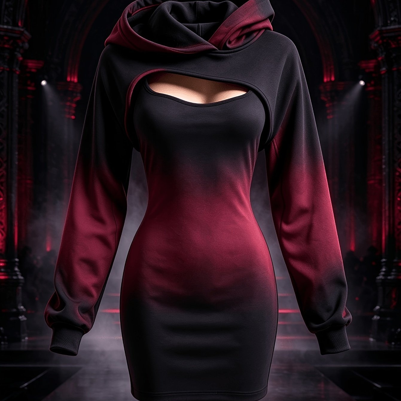 TEMU Women's 2pcs Set, Featuring A Gradient Black And Burgundy Printed Hooded Cape And A Fitted Slip Dress, Long-sleeved Gothic Y2k Style , Parties,