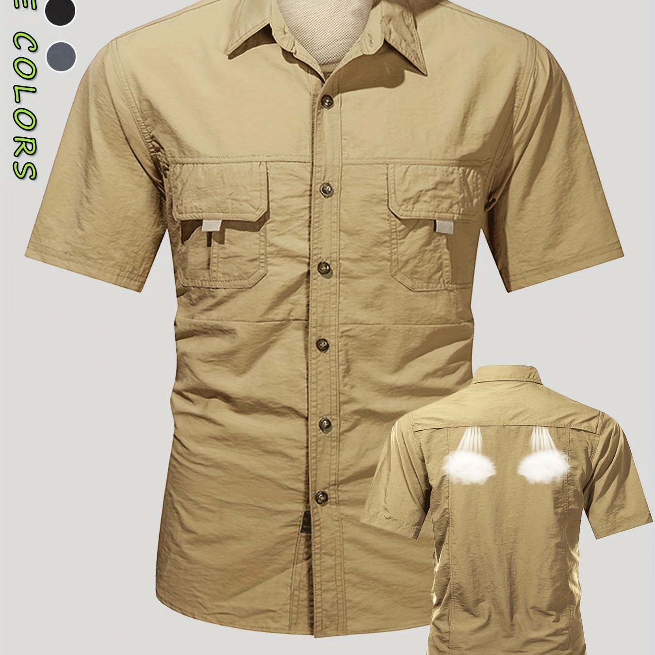 TEMU Men's Lightweight Quick-dry Short Sleeve Shirt With Large Pockets - Breathable Nylon, Casual Summer Outdoor Wear, In Multiple Colors, Outdoor