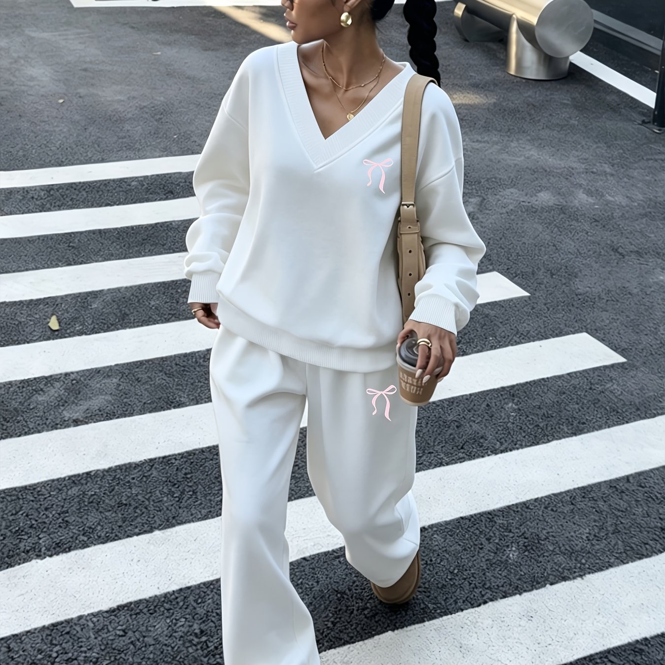 TEMU 2pcs Women Bow Decor V-neck Oversized Loose Sweatshirt And Sweatpants Set, Casual