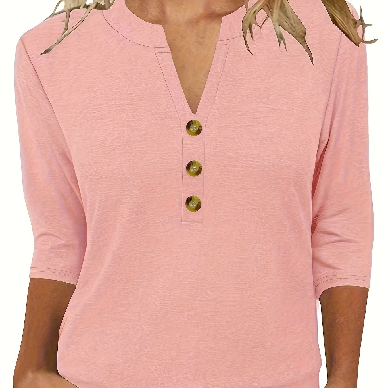 E-shop Circle Damenmode Frühling Sommer Neue Damenbekleidung, V-Ausschnitt 3/4 Ärmel Lässiges Lockerer Oberteil Basis T-Shirt, Knopfdesign, Täglicher