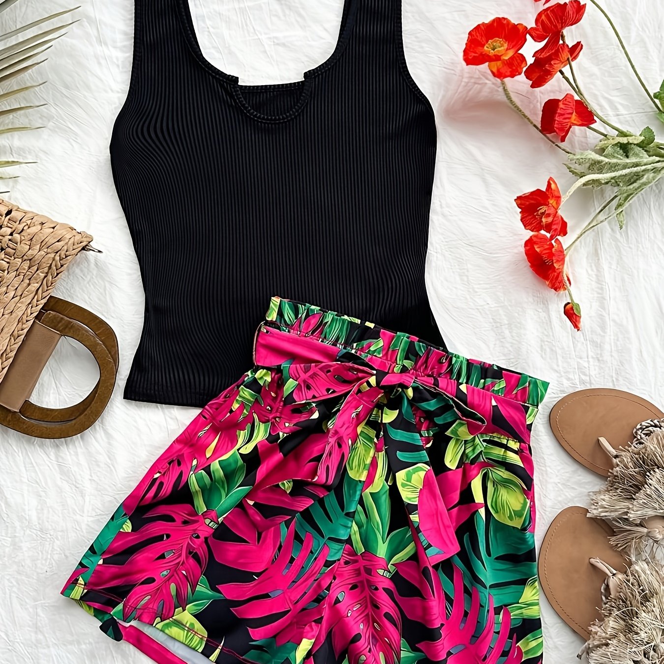 TEMU Women's Printed Vest And Shorts Set For Summer, Casual Fashion Women's Clothing