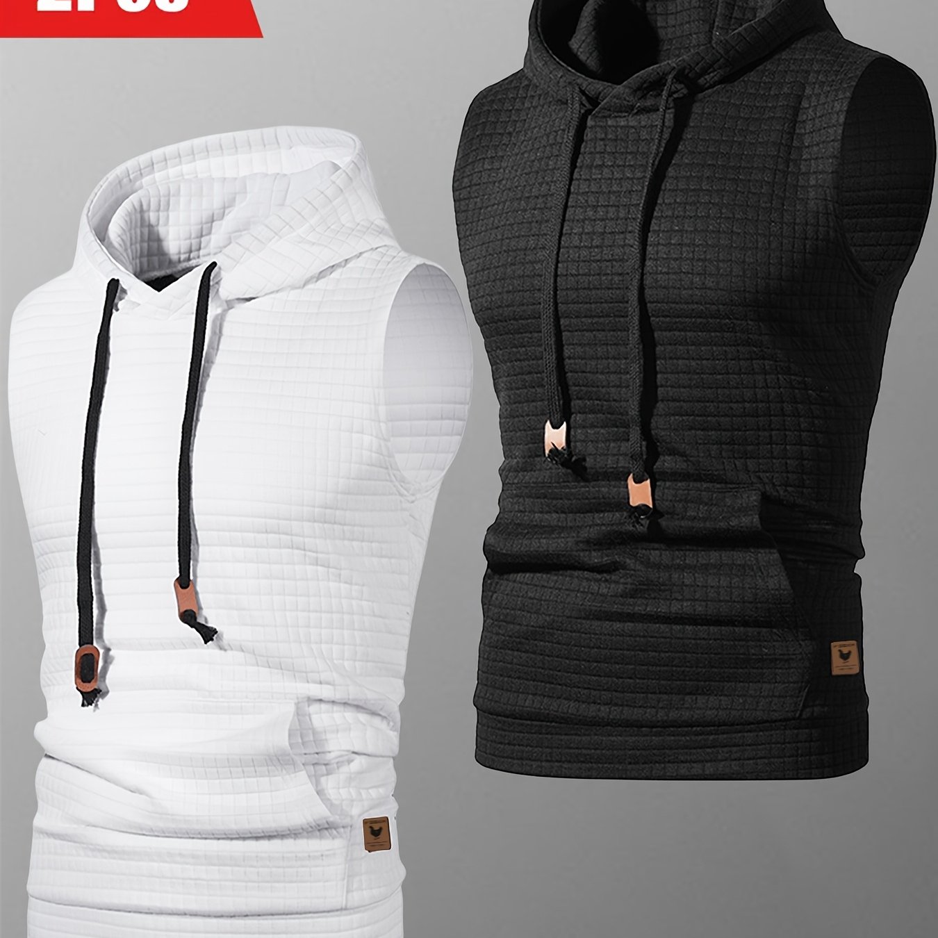 Image of 2pcs Men's Casual Sleeveless Hooded Jacquard Tank Top With Drawstring And Kangaroo Pocket For Outdoor Running Jogging Training