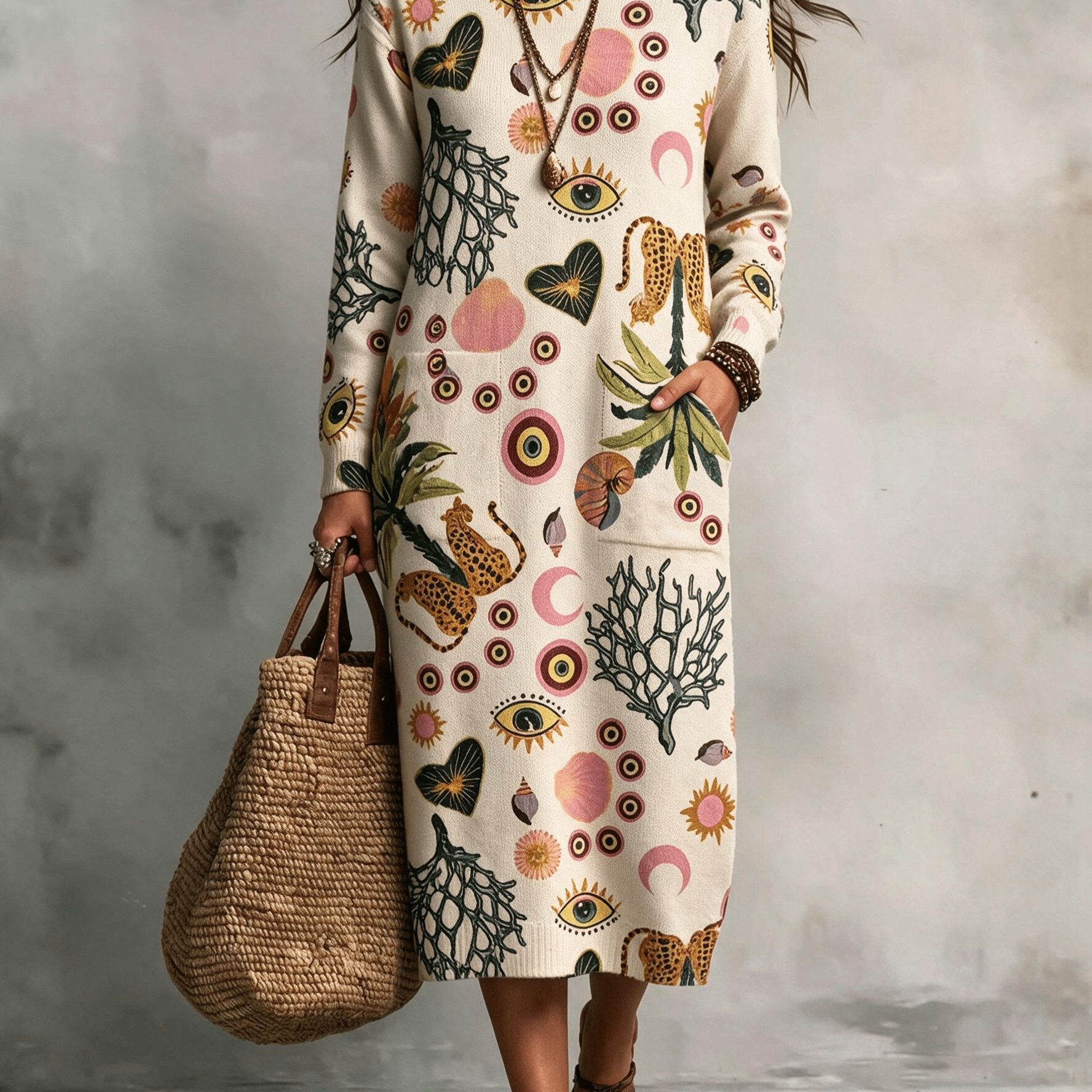 TEMU Plus Size, 2d Flat Pattern Autumn/ New Pullover Round Neck Long Sleeve Dress With Pockets For Women, Floral Pattern Flat Trendy Women's Fabric
