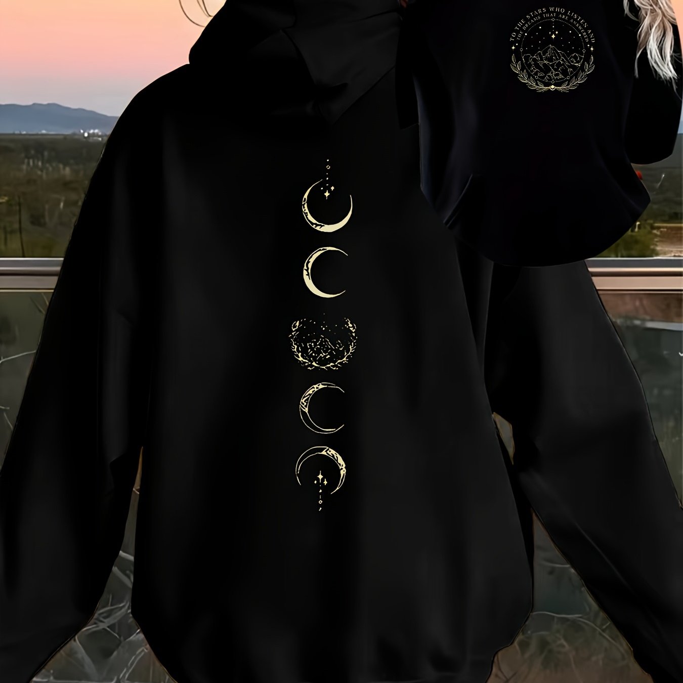 TEMU Black Hooded Sweathoodie With Front And Back Moon Phases Breathable Crew Street Style Sweathoodie For Daily Wear And Casual -men's Black