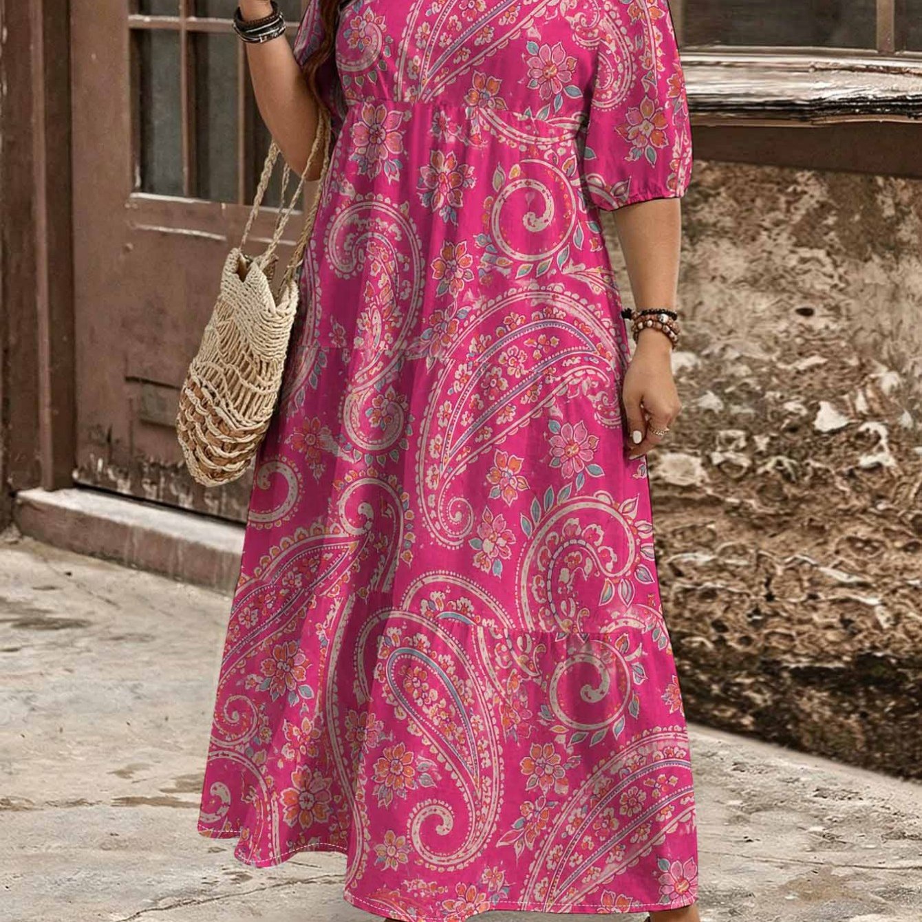 Image of Plus Size, Summer Plus Size Paisley Floral Printed Bubble Shortsleeved Maxi Dress For Women. Layered Cake . Bohemian Elegant Classic Loosefitting Resort Holiday Vacation Maxi Dress.