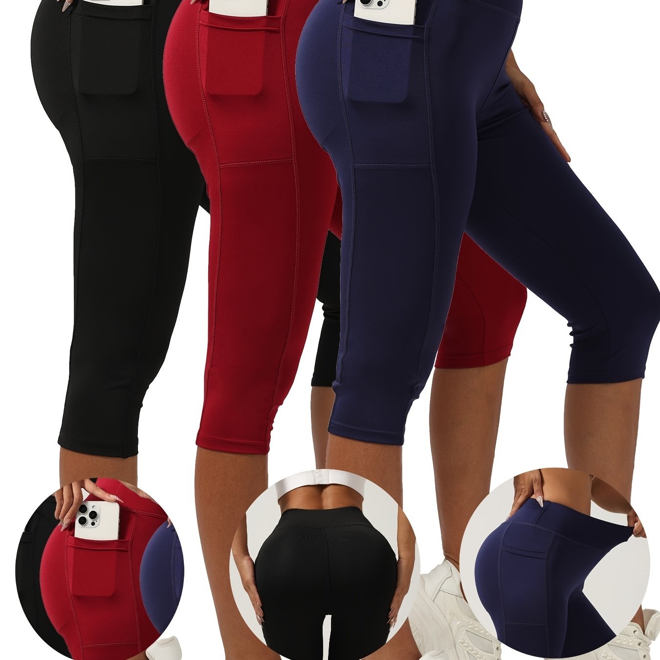 E-shop 3er-Pack Damen Yoga Capri Leggings, einfarbig, mit , figurbetont, Po-Lifting, hoher Bund, weich und bequem