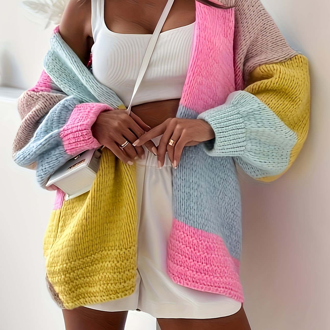 Image of Women's Casual Color Block Cardigan Sweater Coat - Lantern Sleeve Open Front Design, Drop Shoulder Regular Fit, Soft Warm Fall Winter Layering Essential, Sweater Cardigan, Winter Apparel, Cozy Fabric