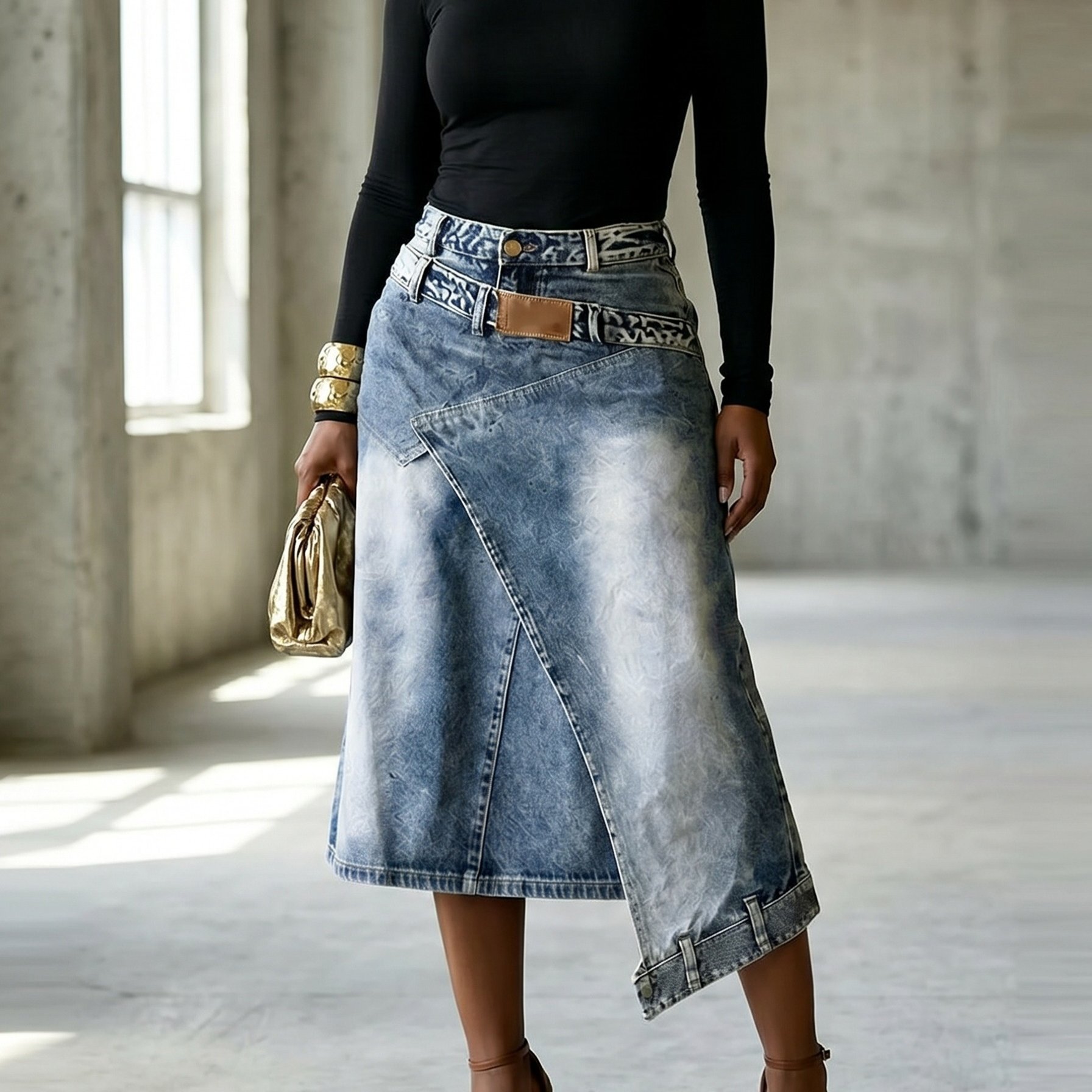 Image of 2026 Ss New Women's Asymmetric Denim Midi Skirt, Panel Distressed Washed Skirt, Loose Fit Casual & Versatile
