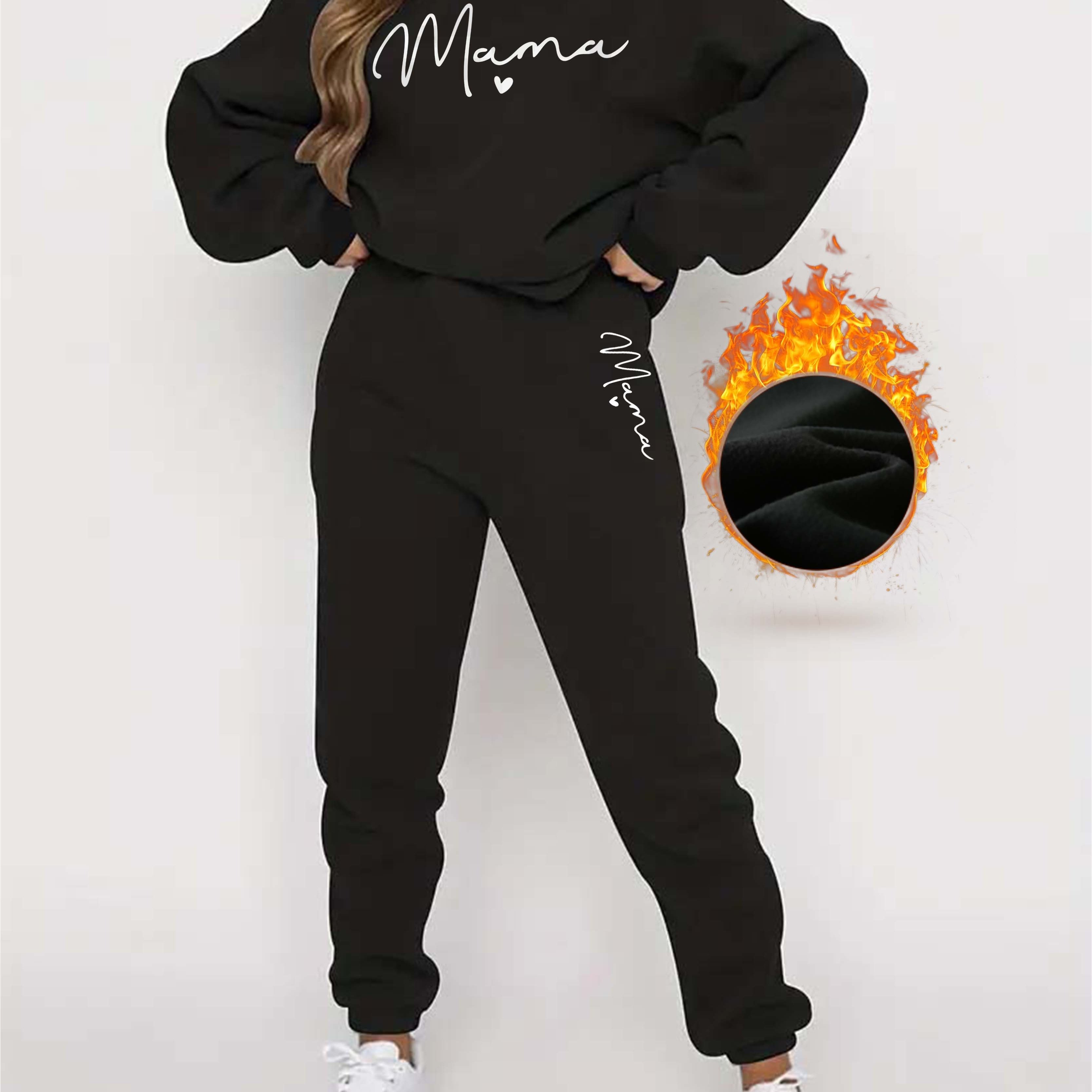 TEMU Women's Casual -lined Warm Set: Round Neck Casual Long-sleeve Top With Letter Print And Pants
