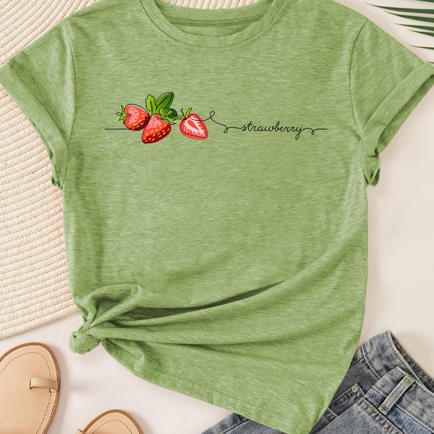 TEMU Cute Strawberry English Letter Fashion Retro Style Spring Summer Casual Athletic Style Neck Short Sleeve T-shirt S-xxl