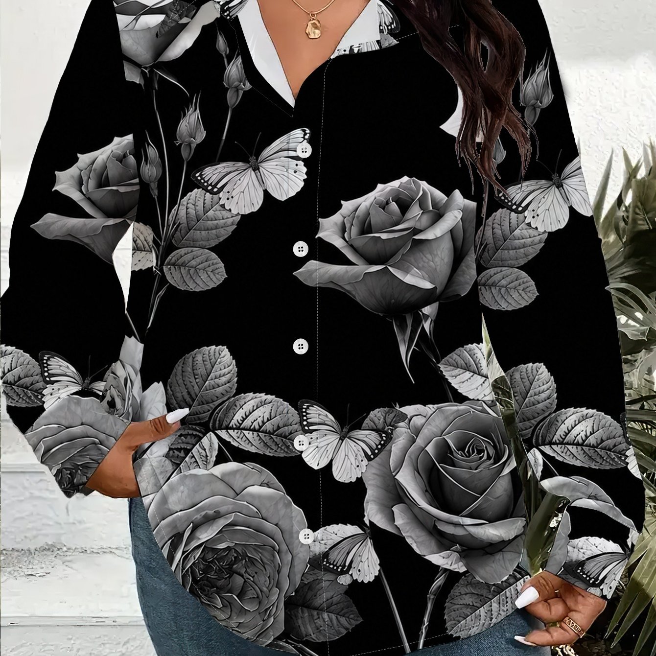 TEMU Plus Size Women's Shirt Cardigan Loose Fit Rose Print Long Sleeve Lapel Button Casual Size Women's Shirt Cardigan Loose Fit Rose Print Long