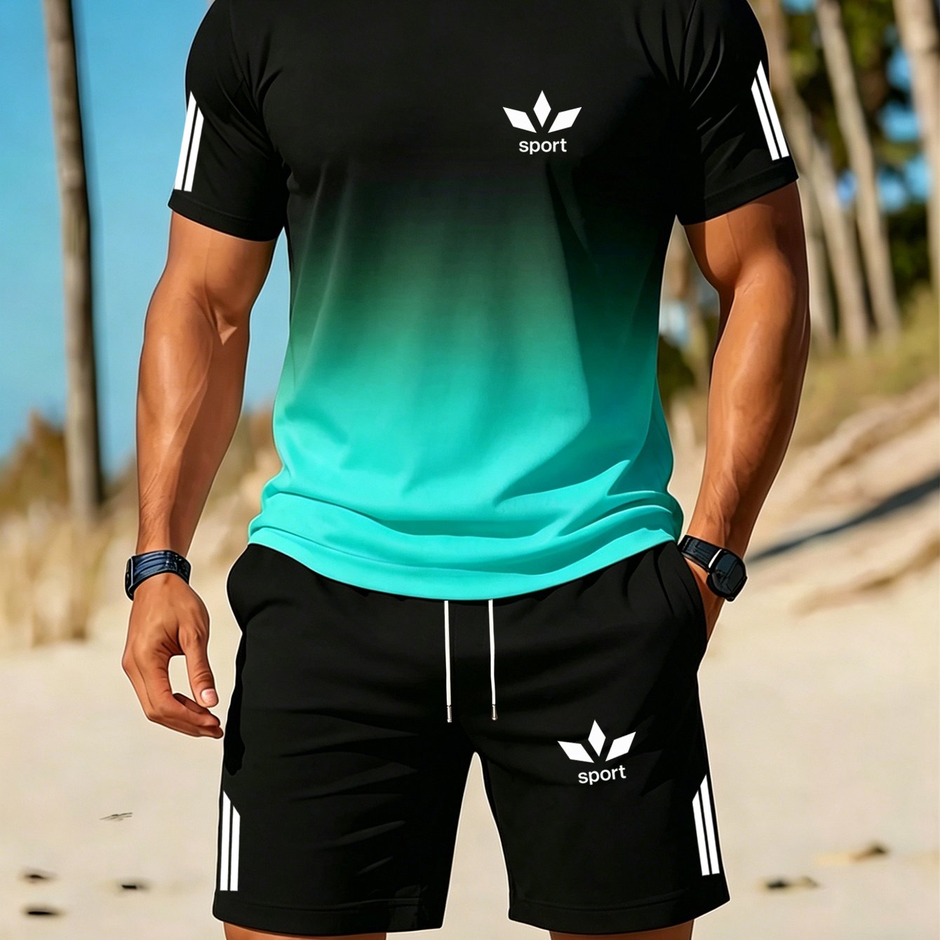 TEMU Ensemble athlétique décontracté pour hommes, collection été 2026 : T-shirt dégradé contrasté et short à cordon élastique, tendance sport ,