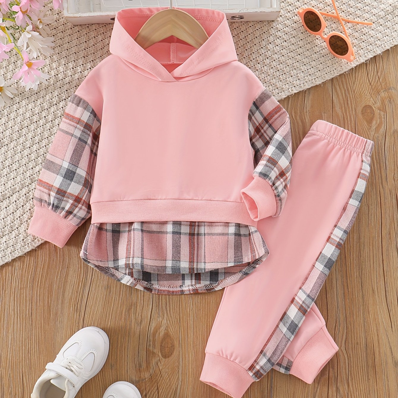 Look Set Solid Color Stylish Ins Casual Versatile Hooded Sweatshirt Pullover + Color-block Drawstring Pants Set, Perfect For Outdoor
