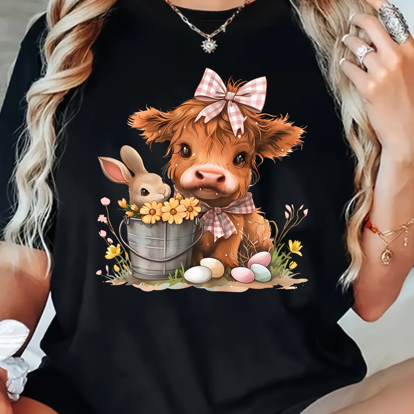 TEMU Women's Easter Highland Cow & Bunny Graphic Tee - Soft, Short Sleeve, Round Neck, Machine Washable - , Tee | Graphic Tee |