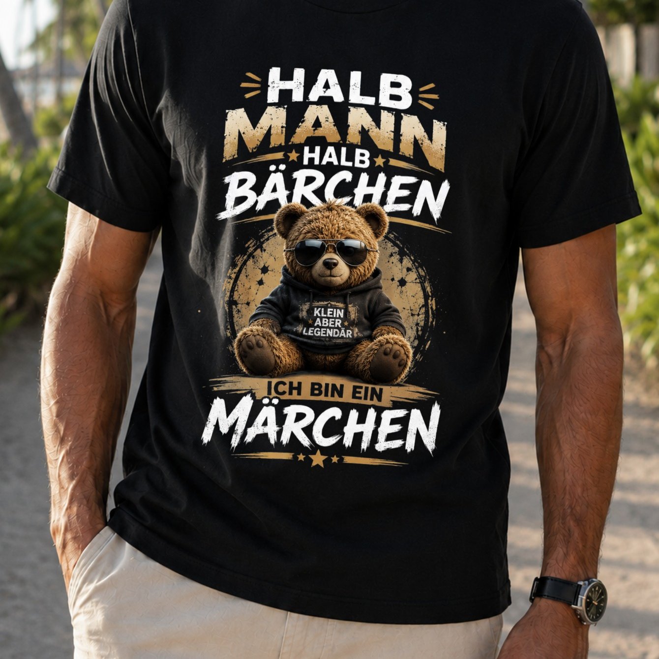 Image of Halb Mann Halb Barchen German Teddy Bear T-shirt Distressed Tan White Quote Tee Graphic Print Design Men's Printed T-shirt
