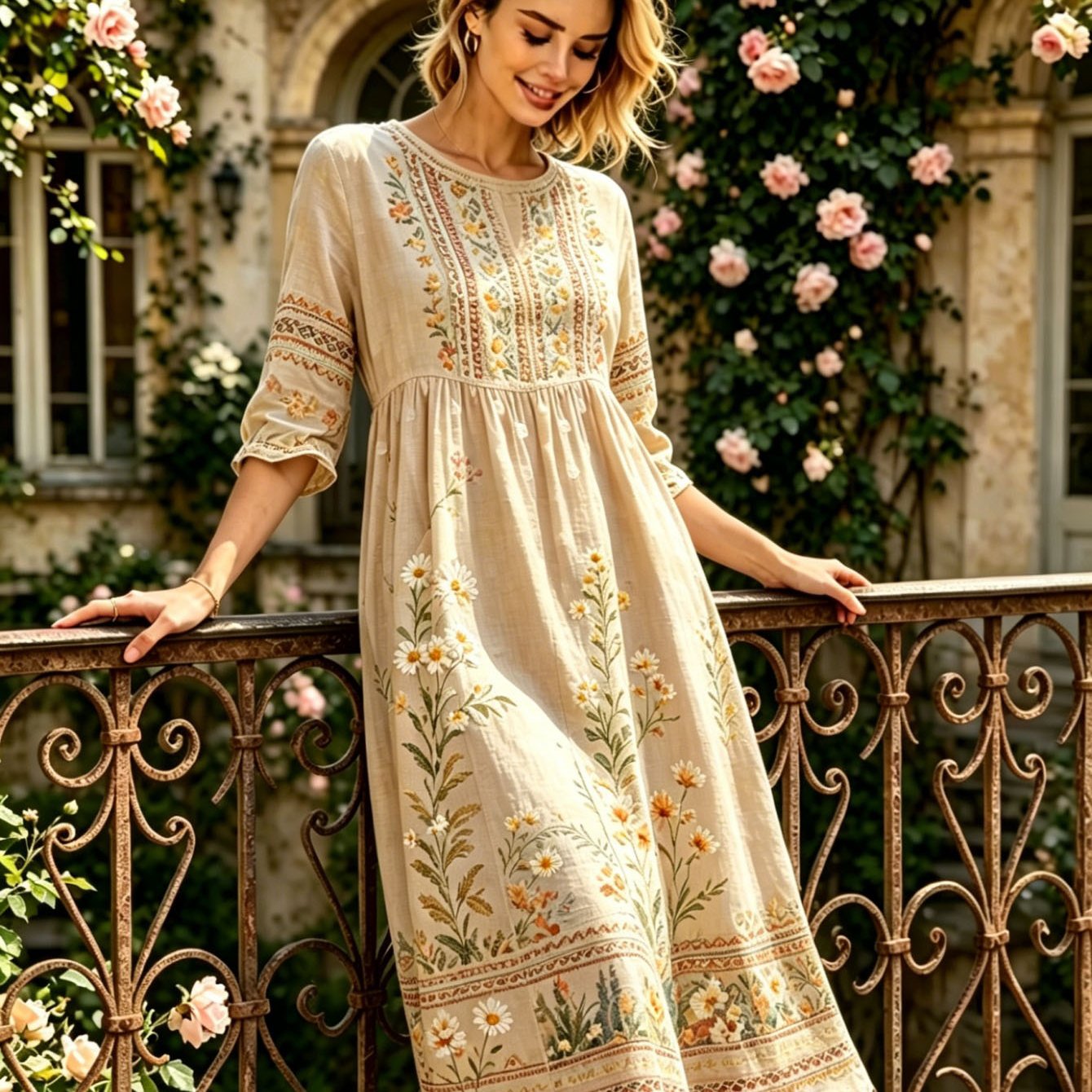 Image of Plus Size - Summer Midi Dress For Women, 3/4 Sleeve Round Neck Loose Bohemian Dress, Vintage Nature Inspired Casual Daily Wear
