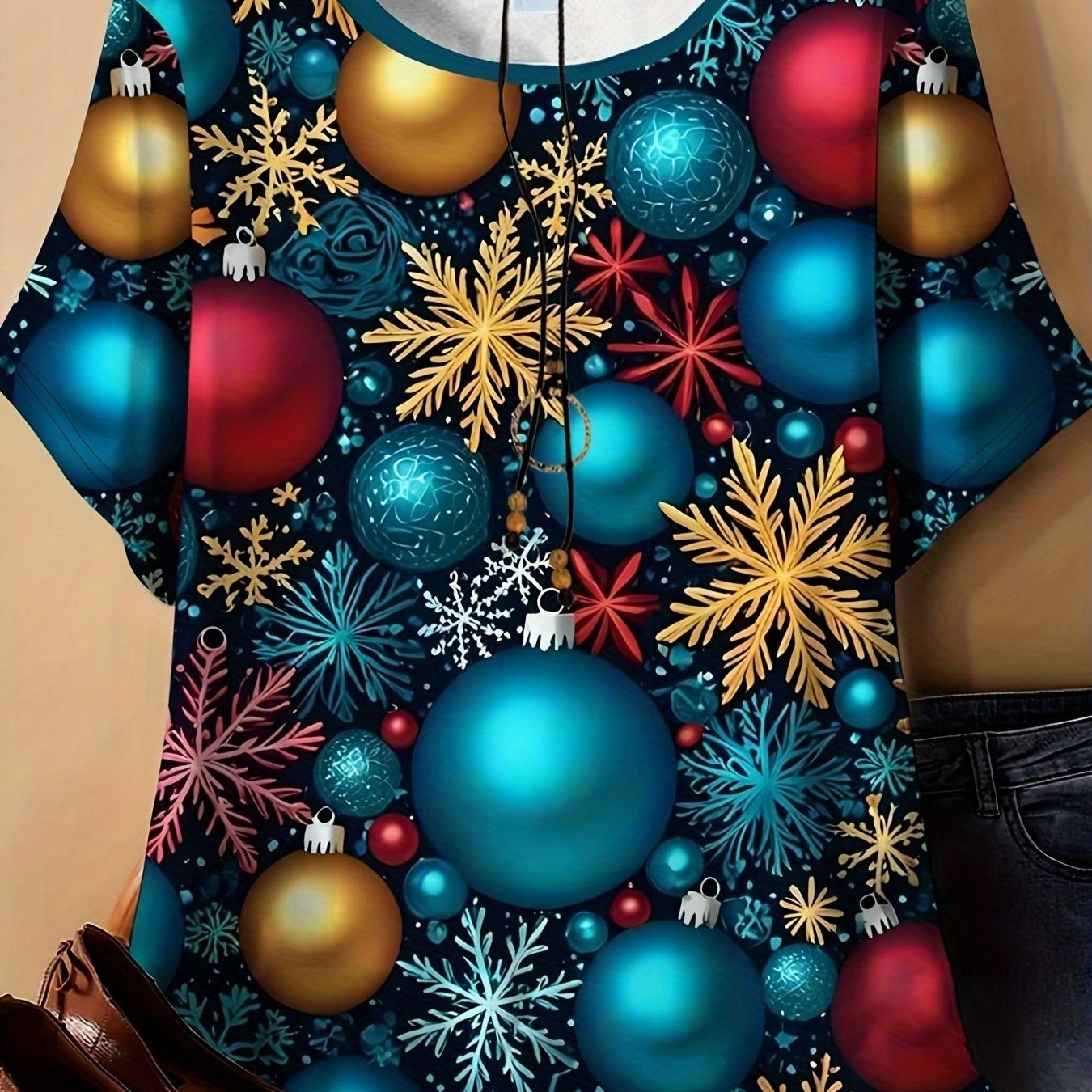TEMU Plus Size, Plus Size Women's T-shirt With Christmas Print - Christmas Gift, Christmas Elements, Christmas Ornaments, Print - T-shirt, Suitable