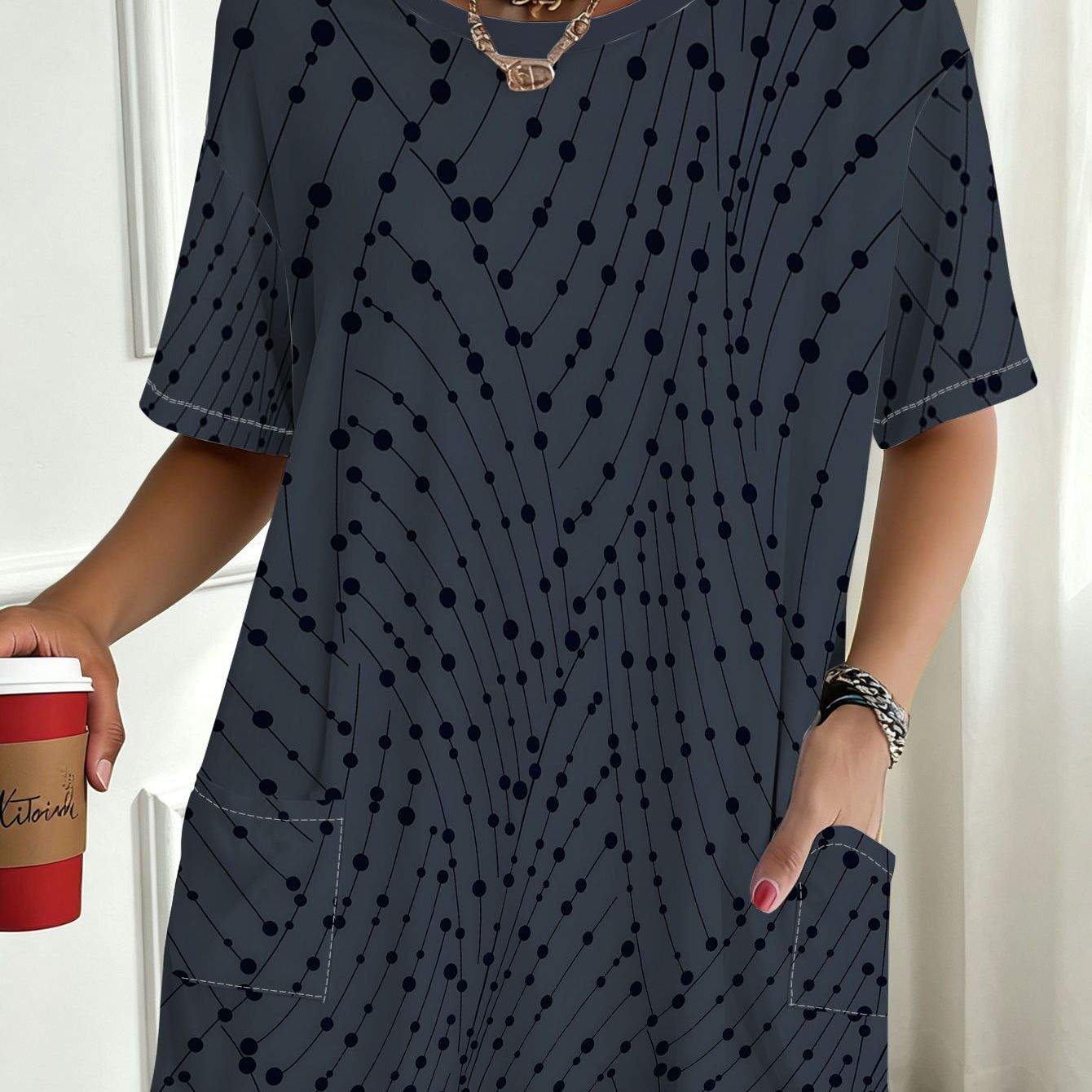 TEMU 1pc Loose Fit Short-sleeve T-shirt With Dot Line Pattern, Featuring , Ideal For Daily Commuting, Campus Life, Outdoor Sports, Casual Gatherings,
