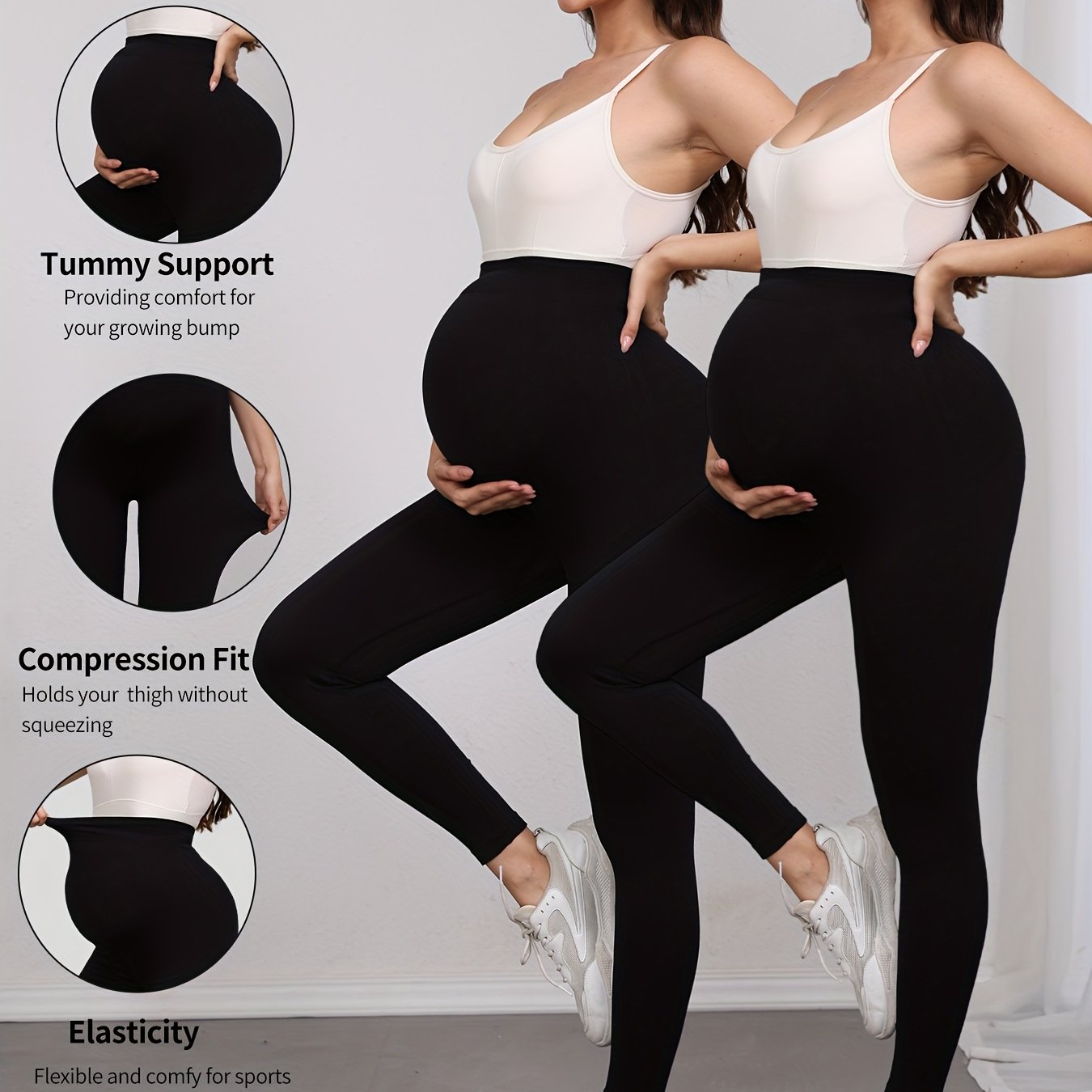 Image of 2pcs High-waisted Maternity Support Leggings, Solid Color, Tailored, Tight,, Full-length, , And Elastane, With Tummy Support, For Yoga, Sports, And Casual Attire