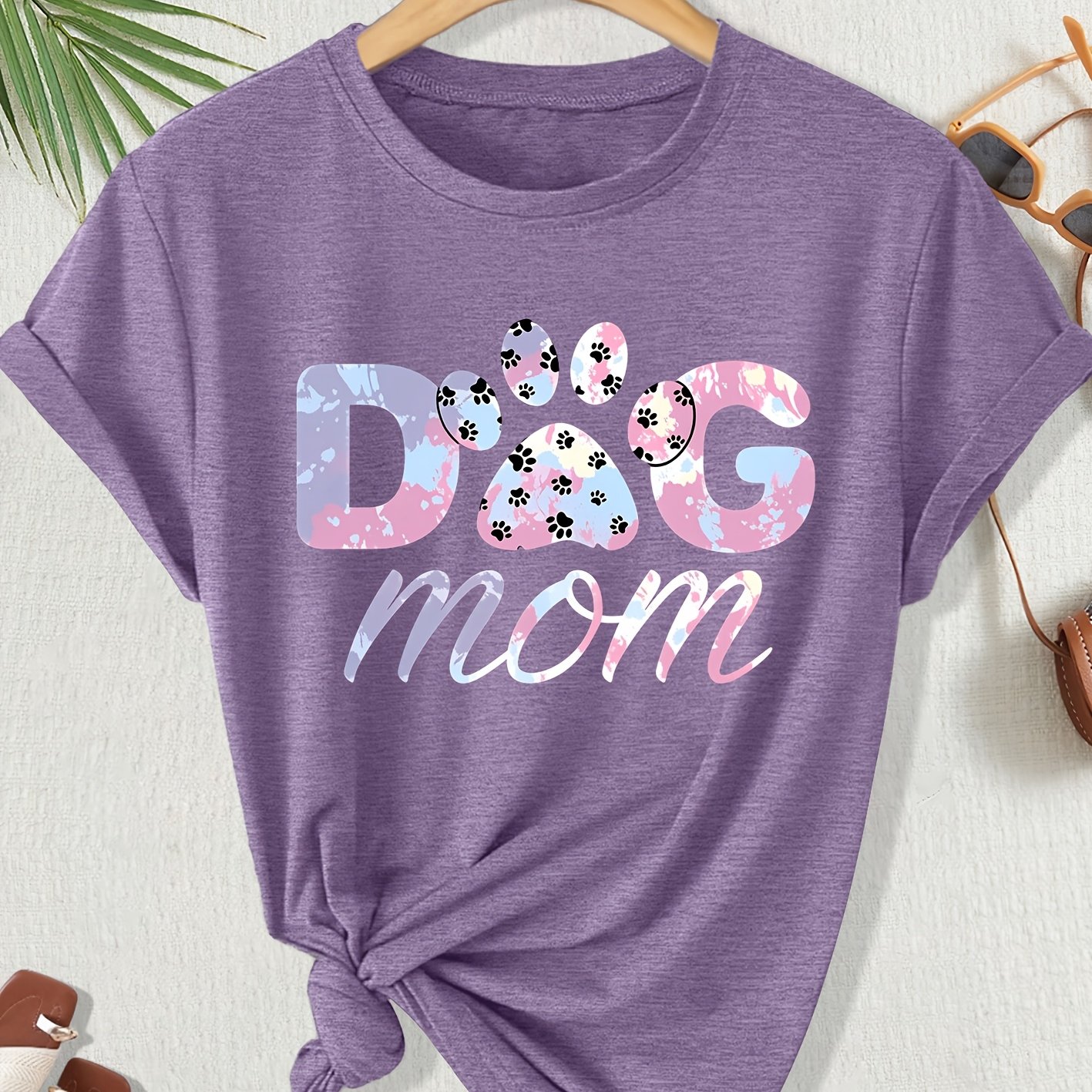 TEMU Elegant Casual Plus Size Short Sleeve T-shirt | "dog Mom" Print, Comfortable Soft Breathable, Fashionable For Commuting And Vacation, Versatile