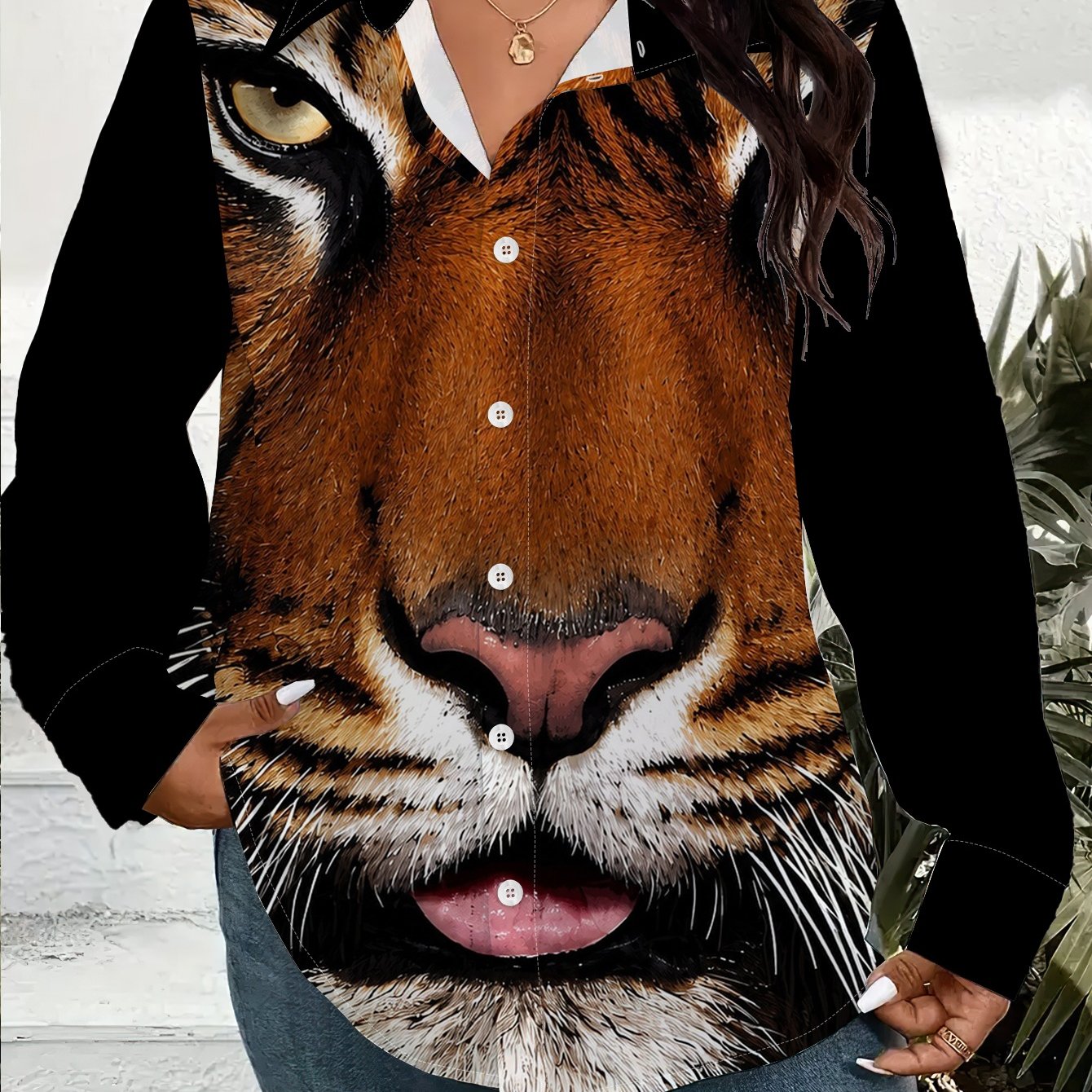 TEMU Women's Plus Size Long Sleeve Shirt Cardigan With Tiger Print Design Loose Fit Button- Collared Blouse Casual Fashion Top For Daily Wear Sizes
