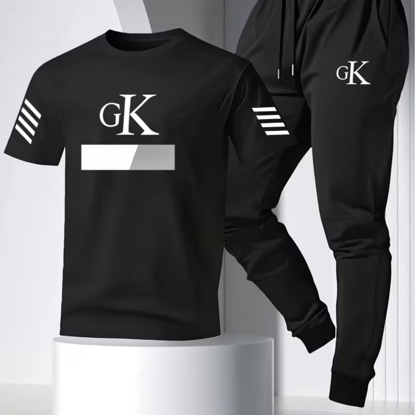 TEMU Men's Black Minimalist Gk Print Sportswear Set, Breathable Quick-dry Short Sleeve Top + Jogger Pants 2pcs Set