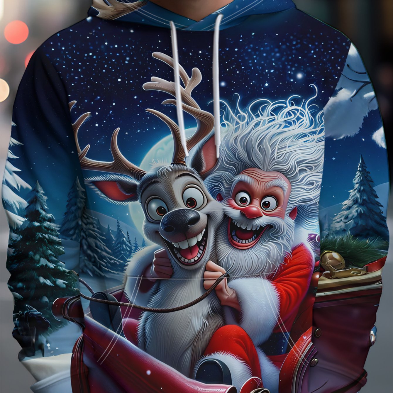 TEMU Men's Streetwear Brand Hooded Sweatshirt: Reindeer And Curly-haired Old For Man A Sleigh On A , Laughing At The Starry Sky - Full Of Streetwear
