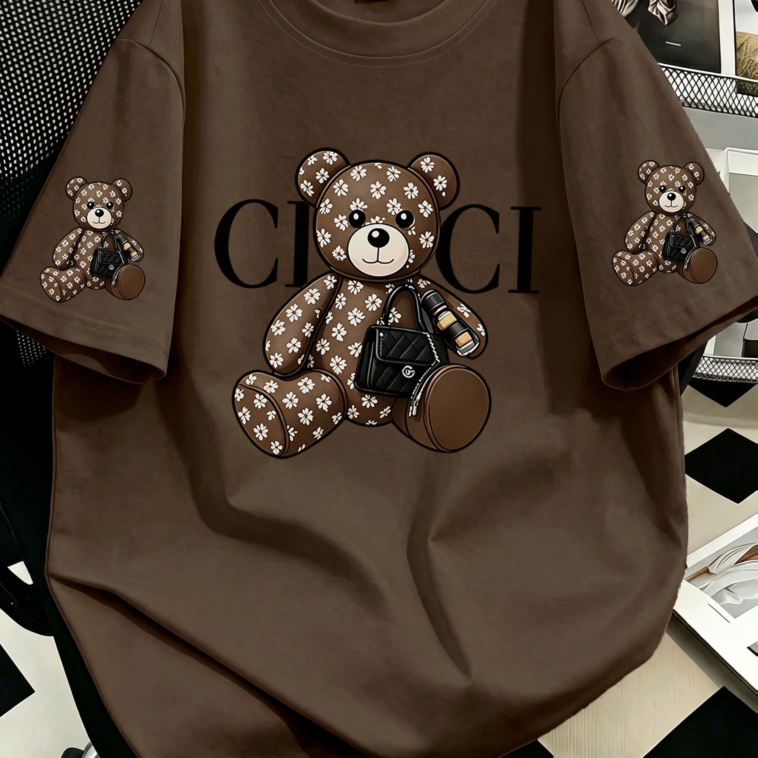 TEMU Plus Size, Plus-size Women's Crossbody Bag With Bear Print, Round Neck Short-sleeve T-shirt. Suitable For Summer Vacations, Beach, Holidays,