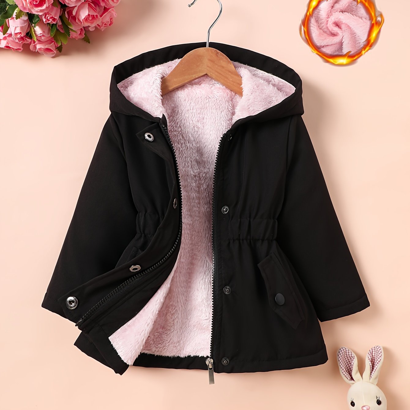 Girls' New Autumn/winter Zipper Button Fake Pocket Solid Color Hooded Jacket