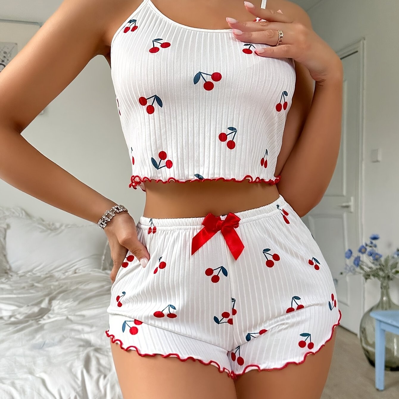 Image of Women's Cherry Print Ribbed Cami And Rolled-cuff Shorts Pajama Set (red Bow Style)