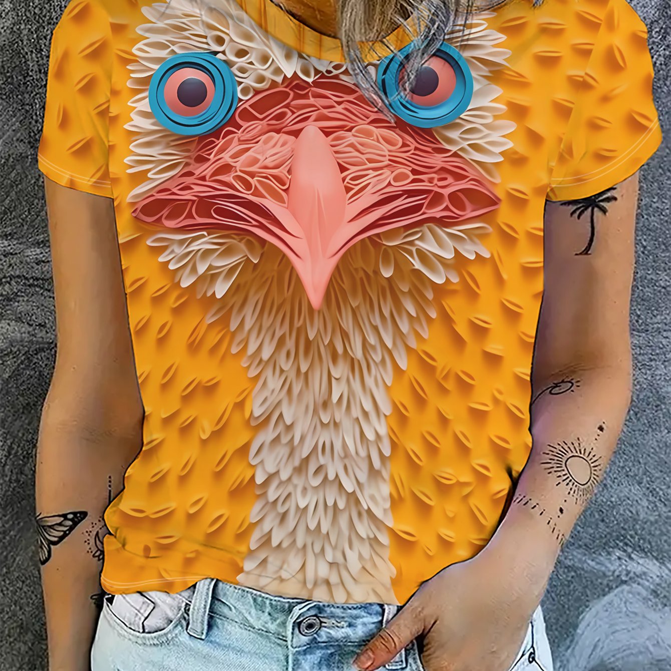 TEMU Ladies Yellow Cartoon Bird T-shirt