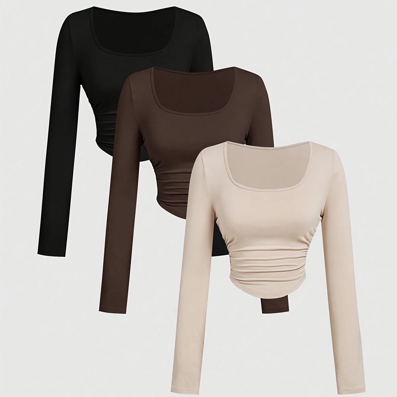 TEMU DP013010 3er-Set Damen Plissiertes Casual T-Shirt mit Quadratischem Ausschnitt Langen Ärmeln