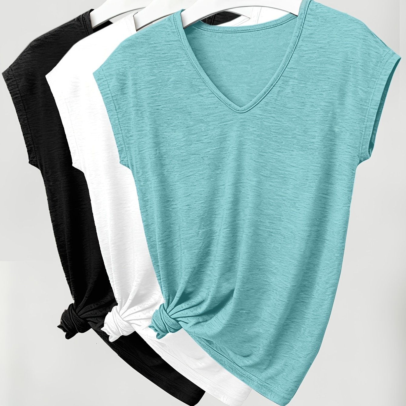 TEMU New Women's V-neck Casual Short-sleeve T-shirt, 3pcs Set, , , Medium--washable Fabric, Suitable For Outdoor Leisure, Daily Wear, And Parties