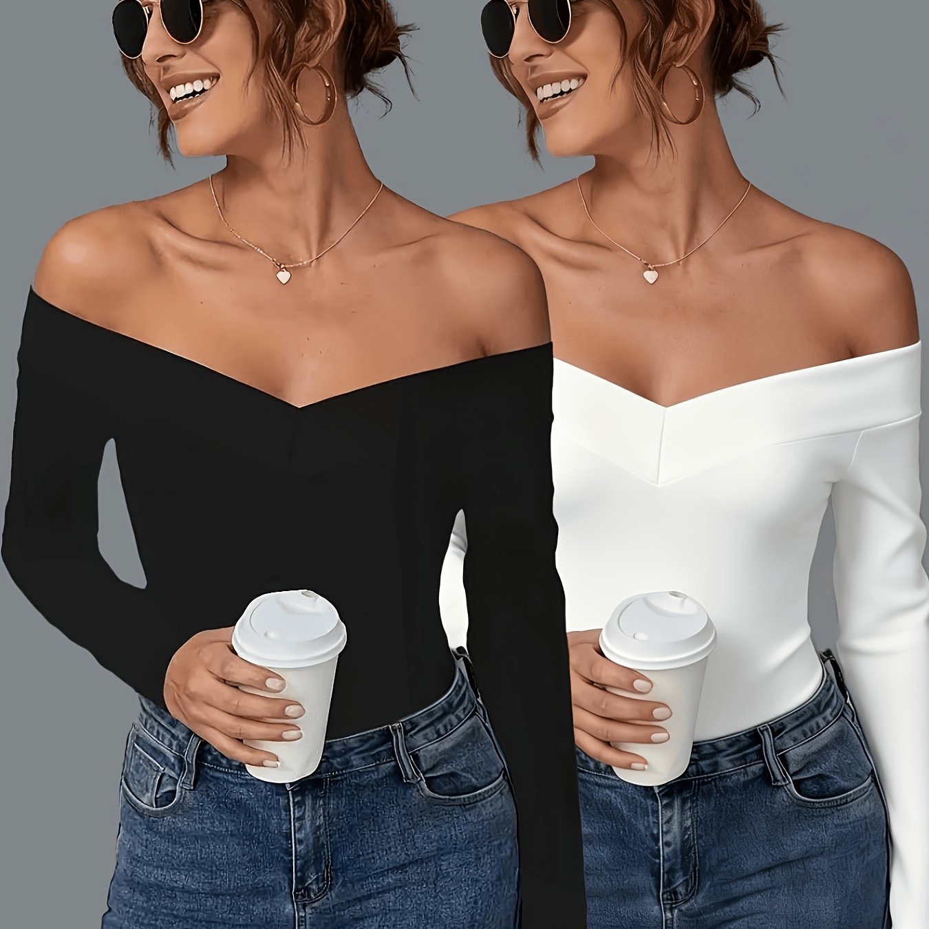 E-shop 2 Stück Langarm-Rundhals-T-Shirts in Unifarben - Lässige, bequeme Blusen, Unifarben & Farben (Maschinenwaschbar), Ganzjahres-Basic-Oberteile für