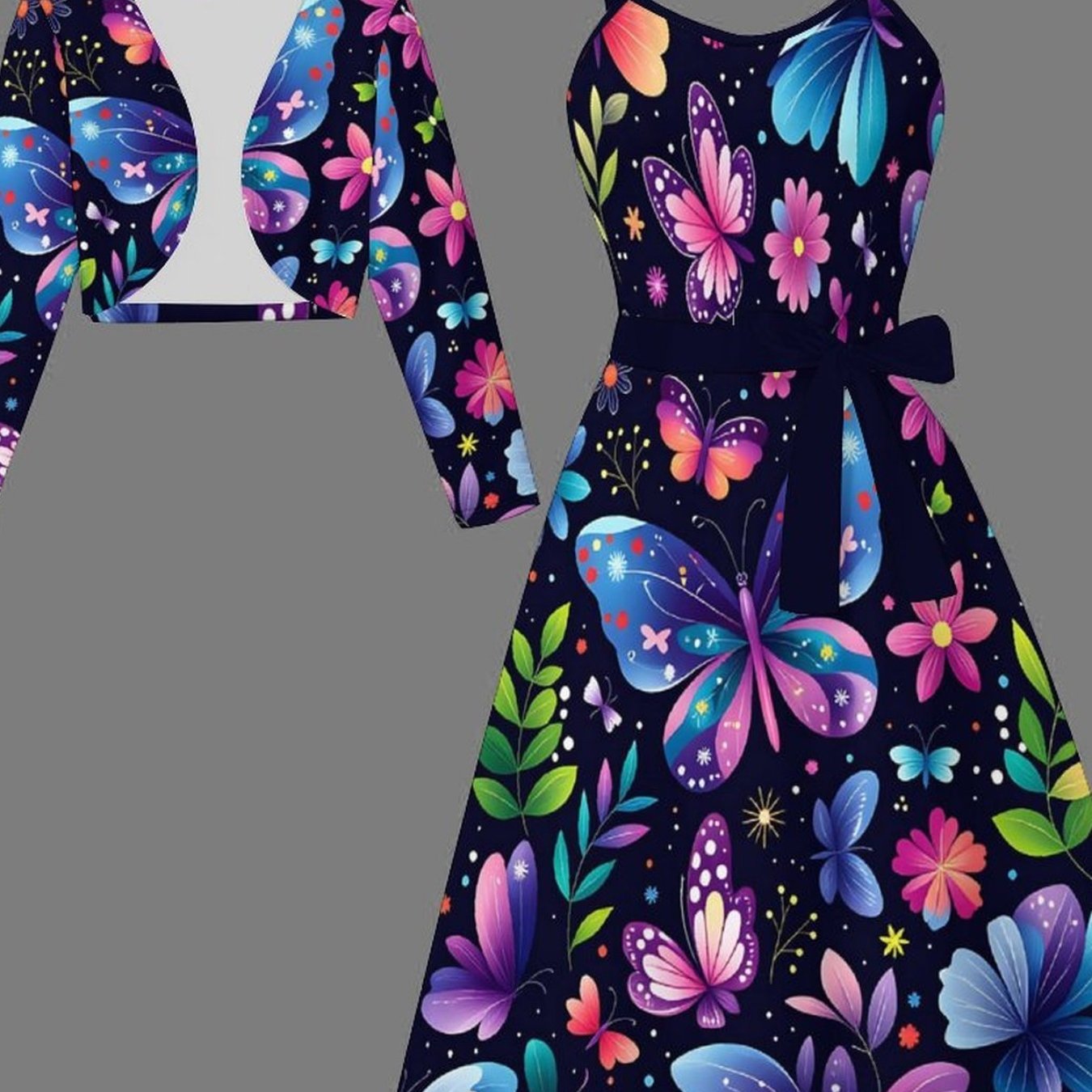 TEMU Printing And Dyeing Elegant Women' Size Set Fashionable Vacation And Elegant Casual Half Coat And Dress Set With And Floral Prints Suitable For