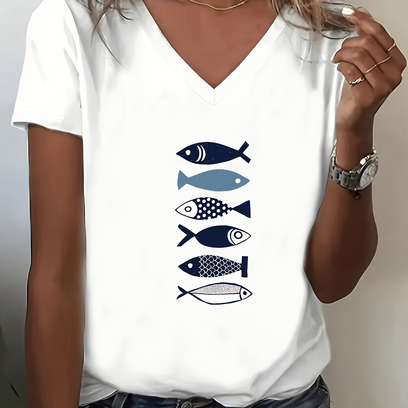 TEMU Women's V-neck Short Sleeve T-shirt - Multi-fish Print Comfortable Top, Lightweight Breathable Fabric, Casual Wear, Machine Washable, Spring