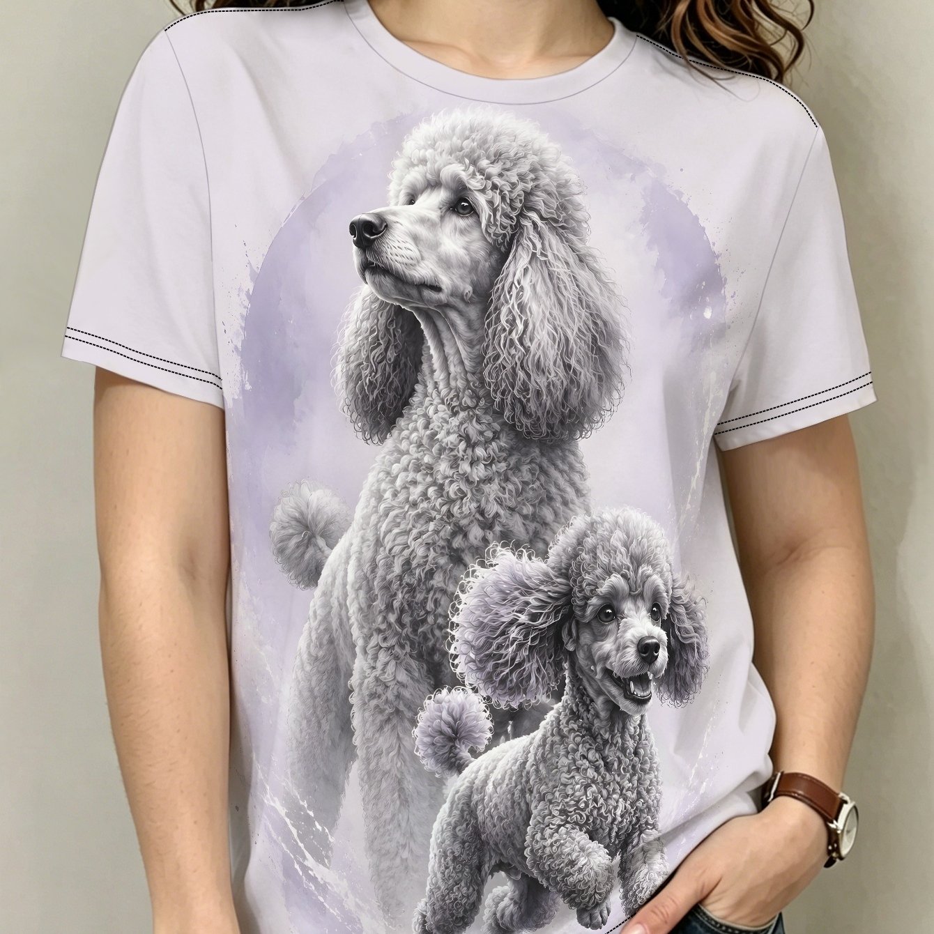 TEMU Poodle Watercolor Duo Women S Casual Short Sleeve T-shirt