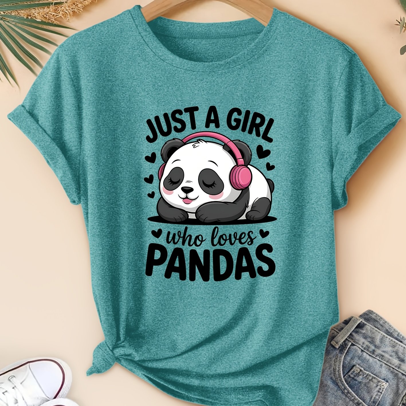 TEMU Summer Women's Beautiful Short Sleeves With A Cute Panda Wearing Pink Headphones, "just A Who Pandas" Elegant Series Print, Soft And Elastic