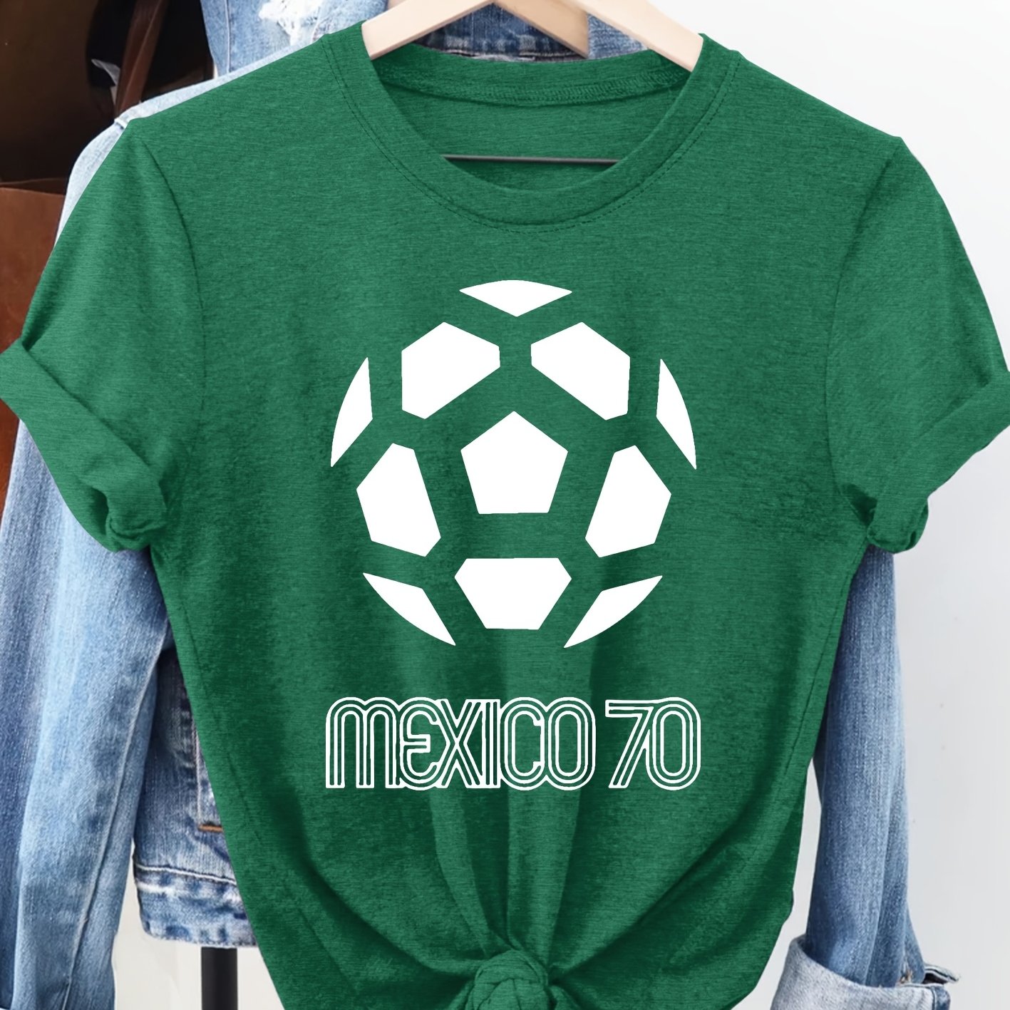 TEMU Women's Vintage Retro Soccer T-shirt - Short Sleeve Crew Neck Soft Stretchy Top With Print &, Casual Spring Summer Blouse For Party Vacation