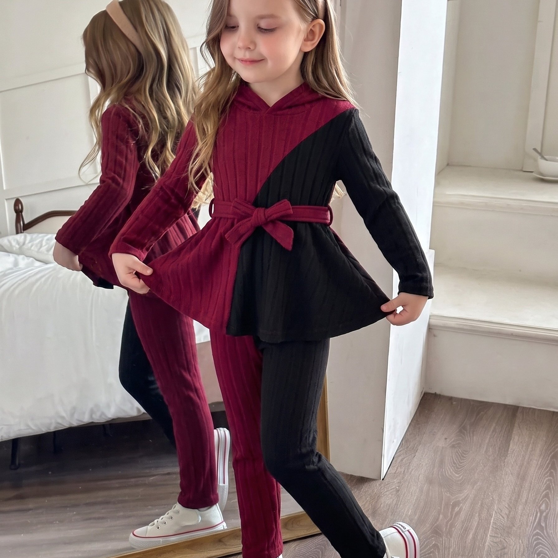 Image of 2-piece Girls' Long Pants Set, Autumn/winter/spring Long Sleeve Belted Ribbed Trousers, Slim Fit Hooded Daily Versatile Block Outfit, Perfect For Outdoor