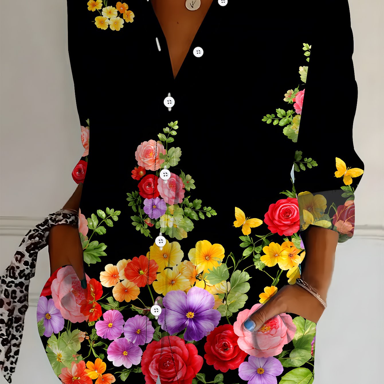 TEMU Plus Size, Plus Size Women's Long Sleeve Floral Print Loose Fit Shirt With Elements, Mid-length Lapel Collar Shirt For Women, , Loose Size